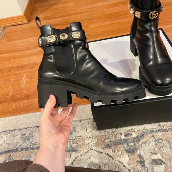 Gucci Women's Black Ankle Boots with Gold Accents - Picture 8 of 16